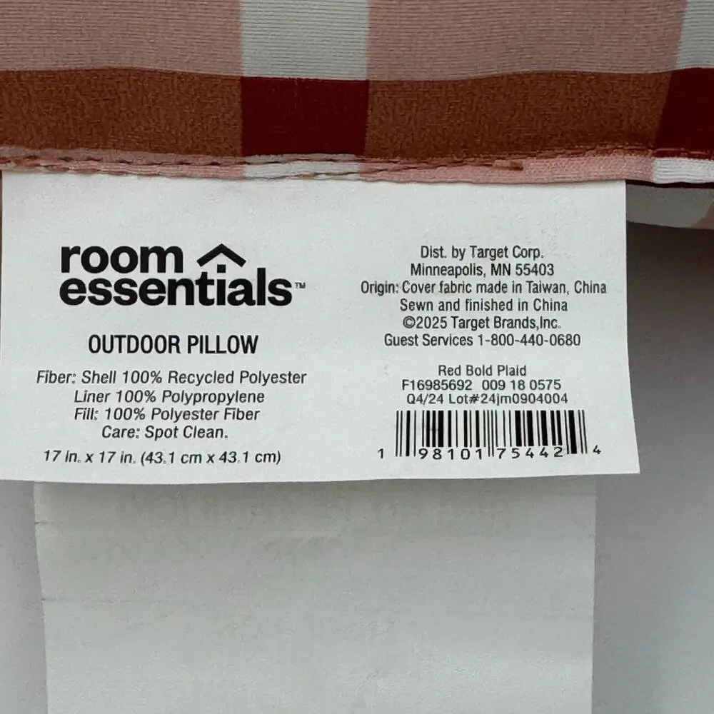 Room Essentials Outdoor Throw Pillow Red Bold Plaid‎ 17x17 Patio Cushion Decor